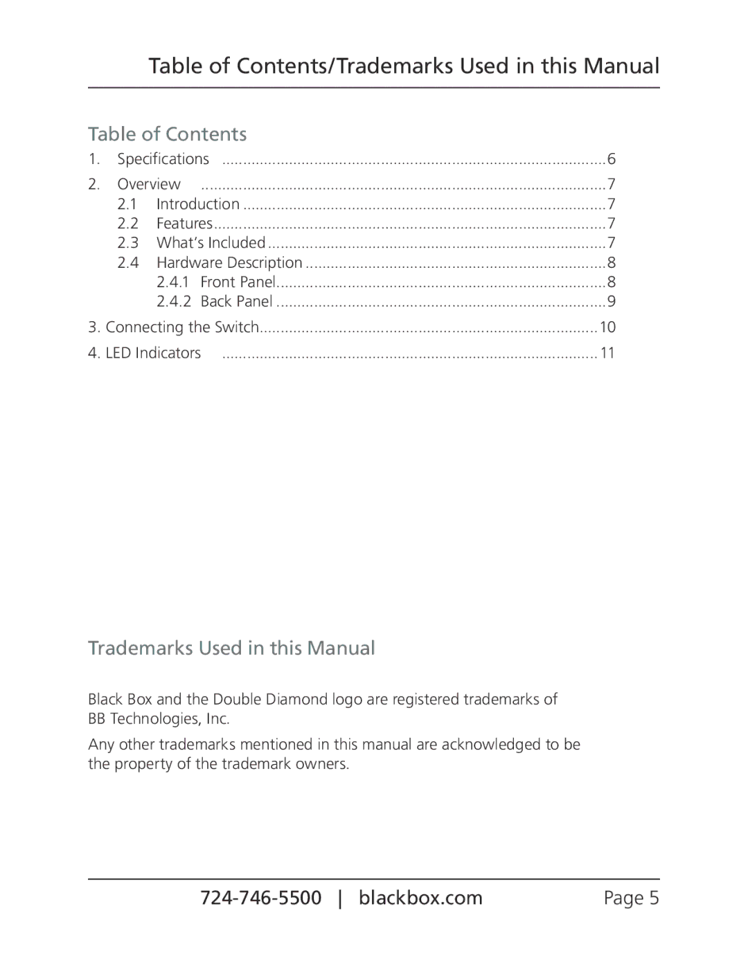 Black Box 5- and 8- port USB 10/100 switches, LB5005A, LB5005B manual Table of Contents/Trademarks Used in this Manual 