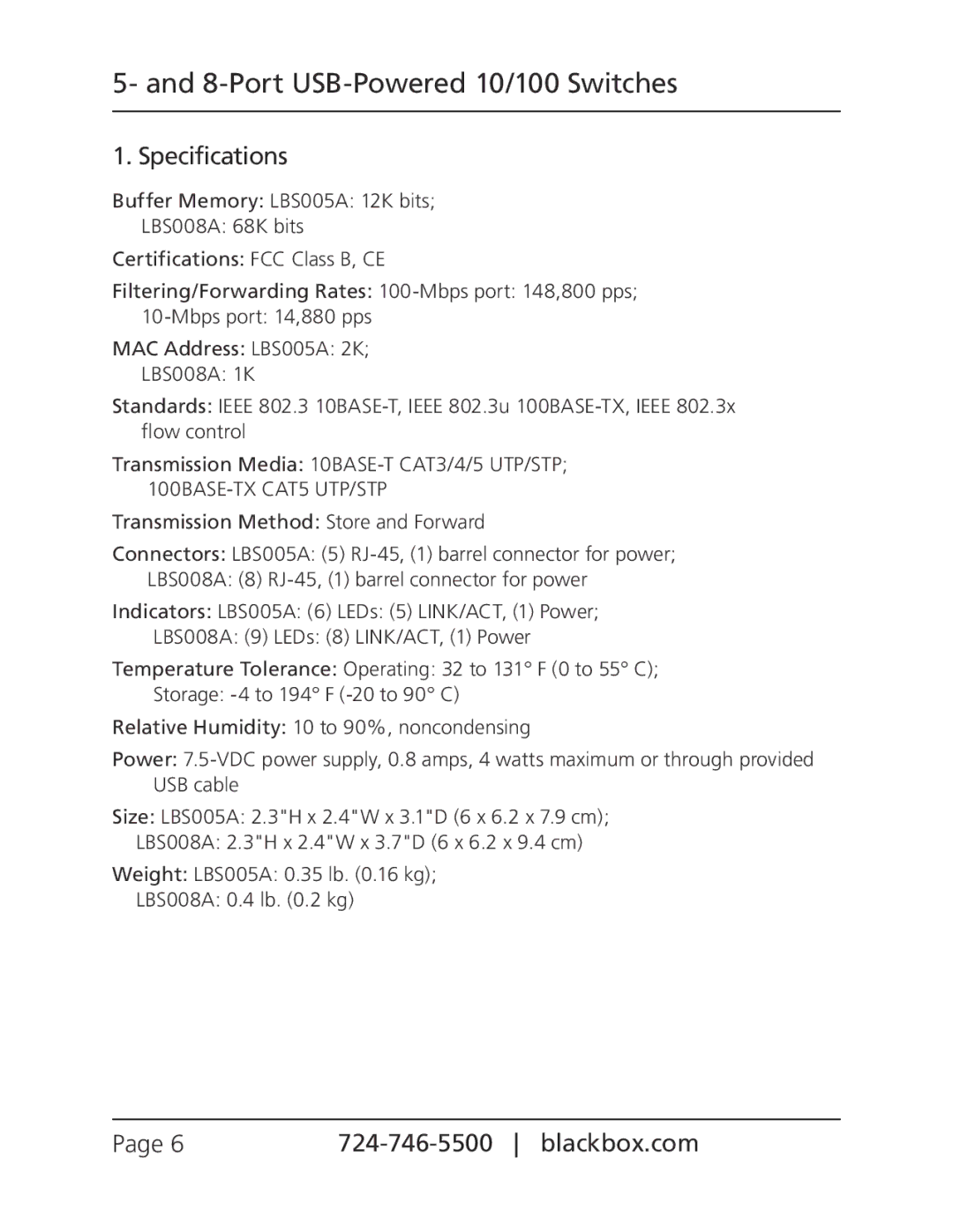 Black Box LB5005A, LB5005B, 5- and 8- port USB 10/100 switches manual Specifications 