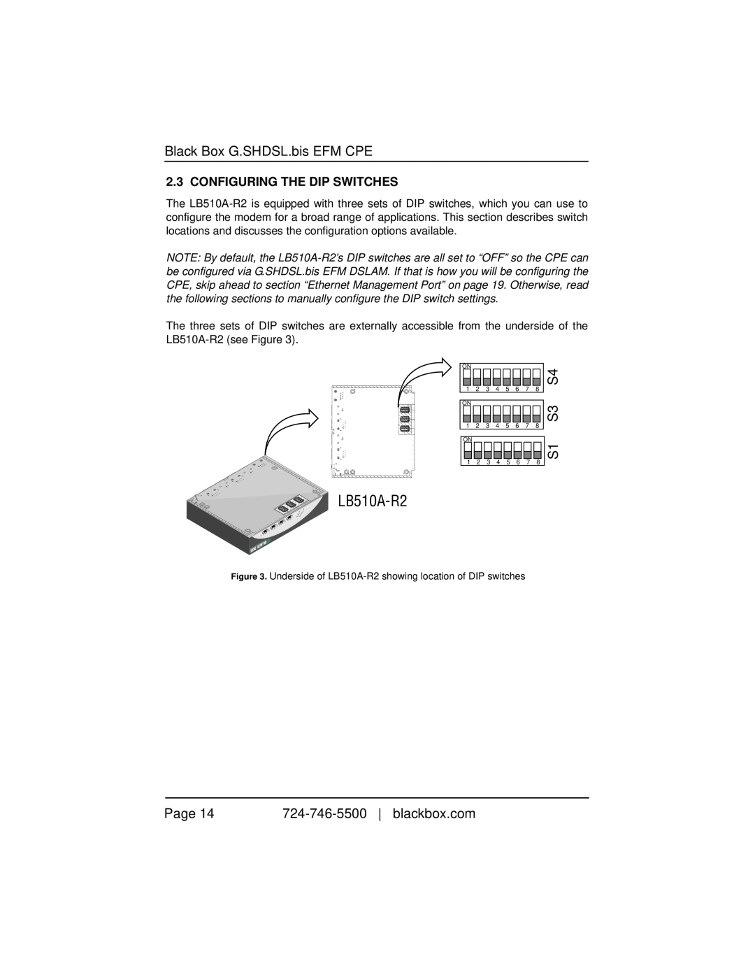 Black Box LB510A-R2 manual Configuring The Dip Switches, Black Box G.SHDSL.bis EFM CPE, Page, blackbox.com 