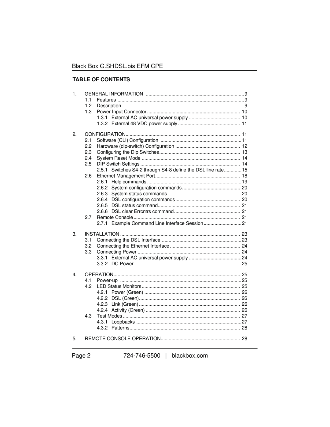 Black Box LB510A-R2 manual Black Box G.SHDSL.bis EFM CPE, Page, blackbox.com, Table Of Contents 
