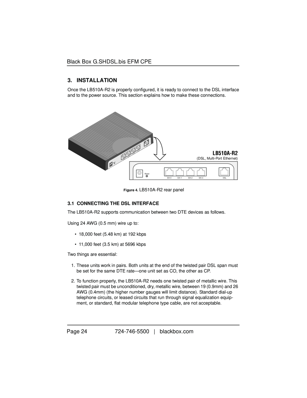 Black Box LB510A-R2 manual Installation, Connecting The Dsl Interface, Black Box G.SHDSL.bis EFM CPE, Page, blackbox.com 