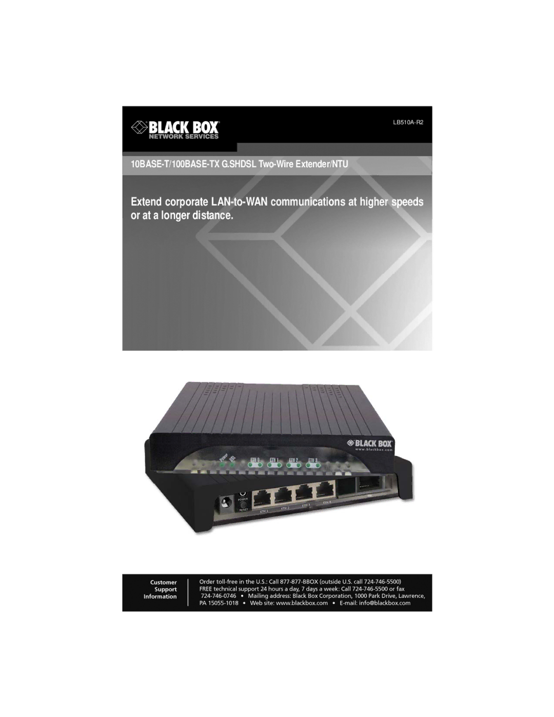 Black Box 10BASE-T/100BASE-TX G.SHDSL Two-Wire Extender/NTU, LB510A-R2 manual 