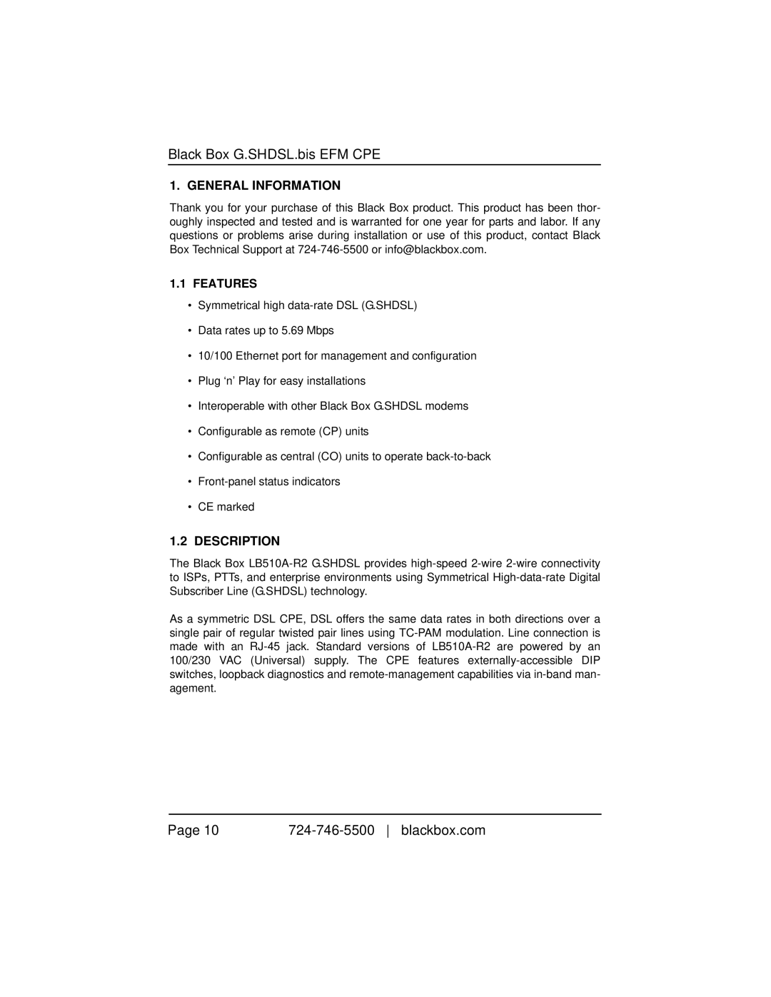 Black Box LB510A-R2, 10BASE-T/100BASE-TX G.SHDSL Two-Wire Extender/NTU manual General Information, Features, Description 