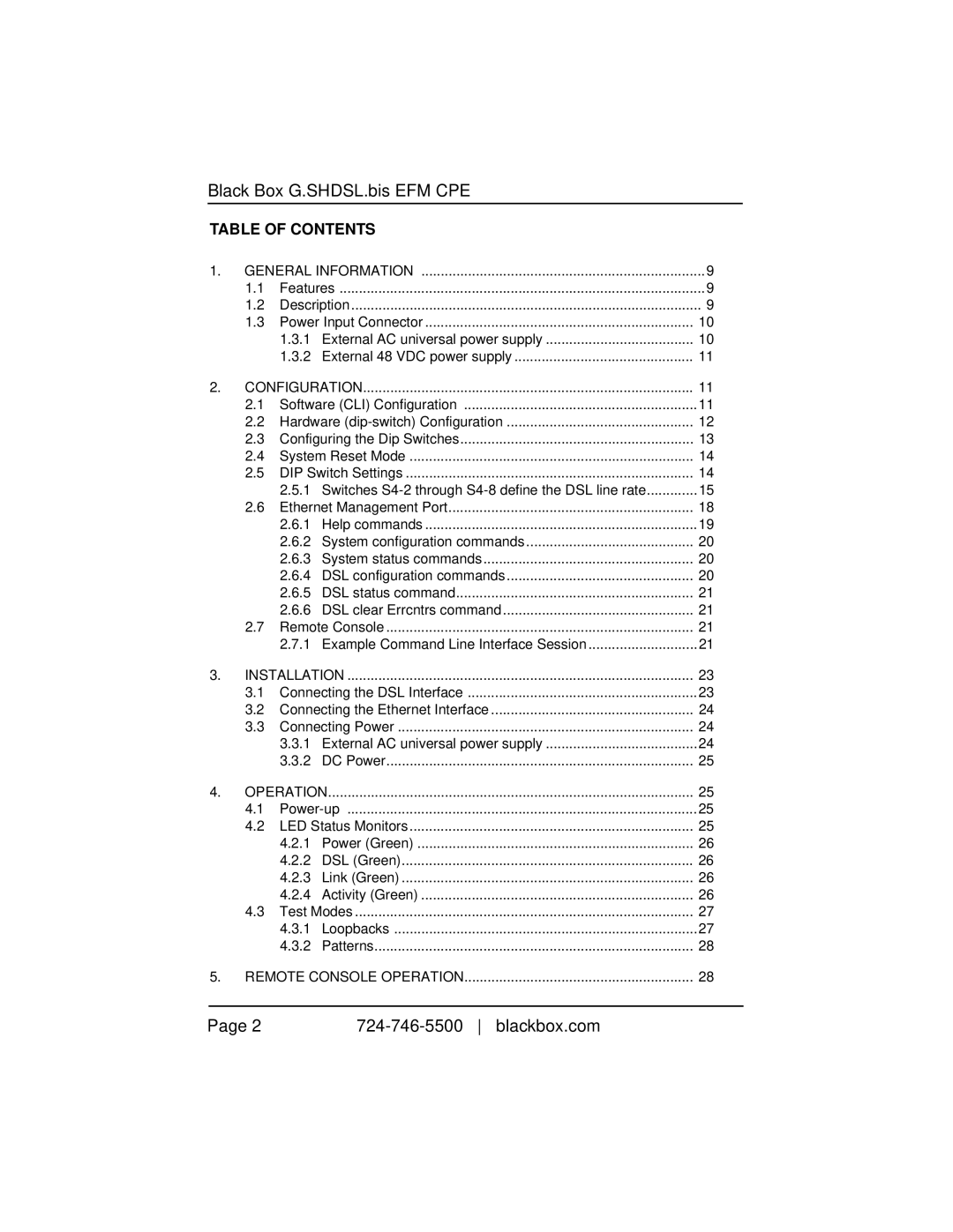 Black Box LB510A-R2 manual Black Box G.SHDSL.bis EFM CPE, Blackbox.com, Table of Contents 