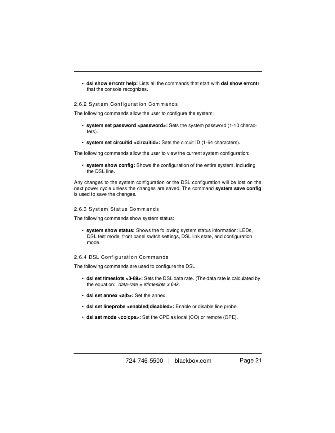 Black Box 10BASE-T/100BASE-TX G.SHDSL Two-Wire Extender/NTU manual System Configuration Commands, System Status Commands 