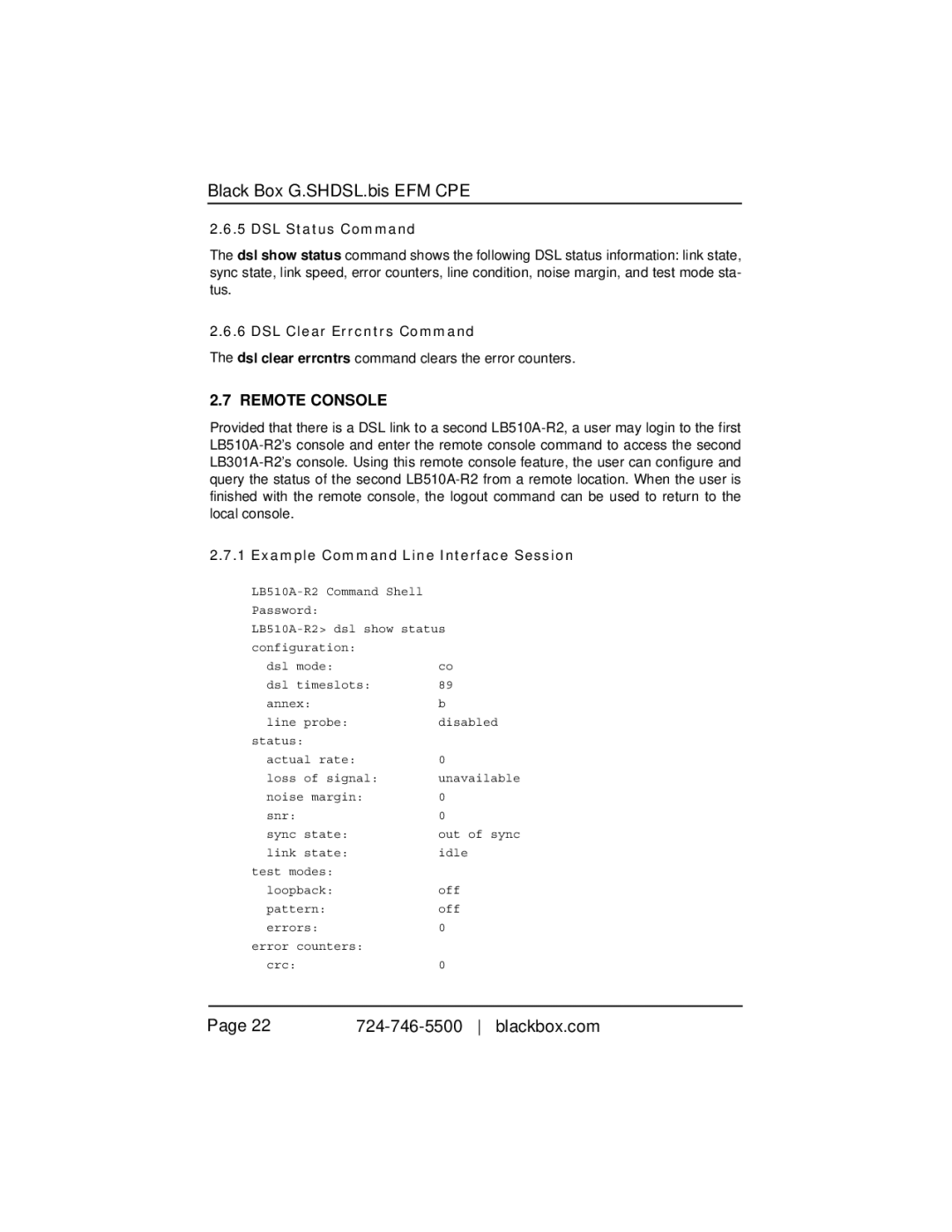 Black Box LB510A-R2 Remote Console, DSL Status Command, DSL Clear Errcntrs Command, Example Command Line Interface Session 