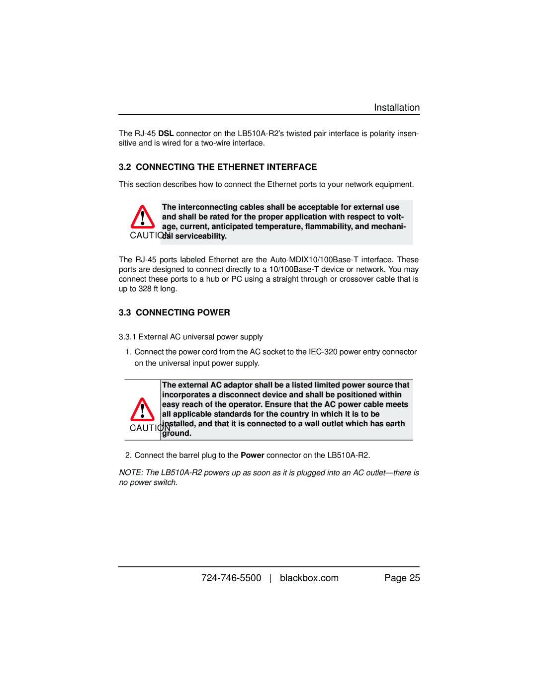 Black Box 10BASE-T/100BASE-TX G.SHDSL Two-Wire Extender/NTU, LB510A-R2 Installation, Connecting the Ethernet Interface 