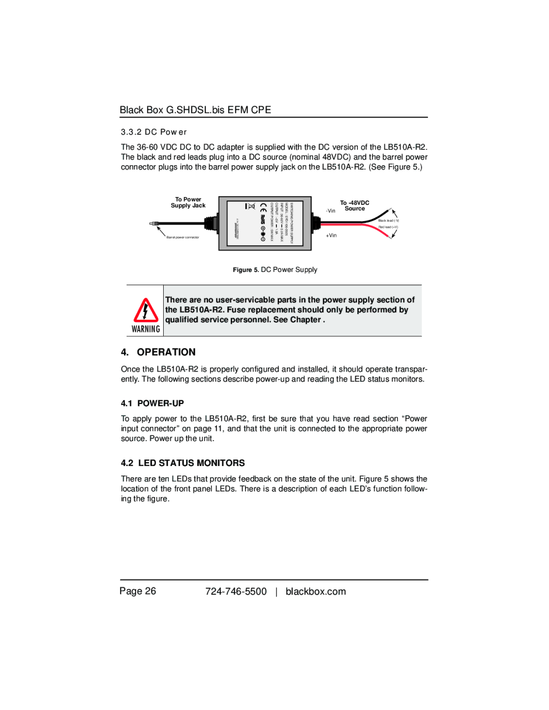 Black Box LB510A-R2, 10BASE-T/100BASE-TX G.SHDSL Two-Wire Extender/NTU Operation, Power-Up, LED Status Monitors, DC Power 