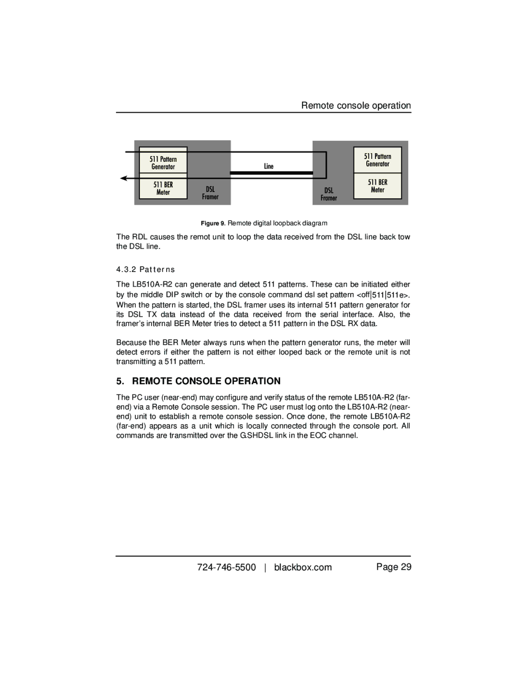 Black Box 10BASE-T/100BASE-TX G.SHDSL Two-Wire Extender/NTU Remote console operation, Remote Console Operation, Patterns 