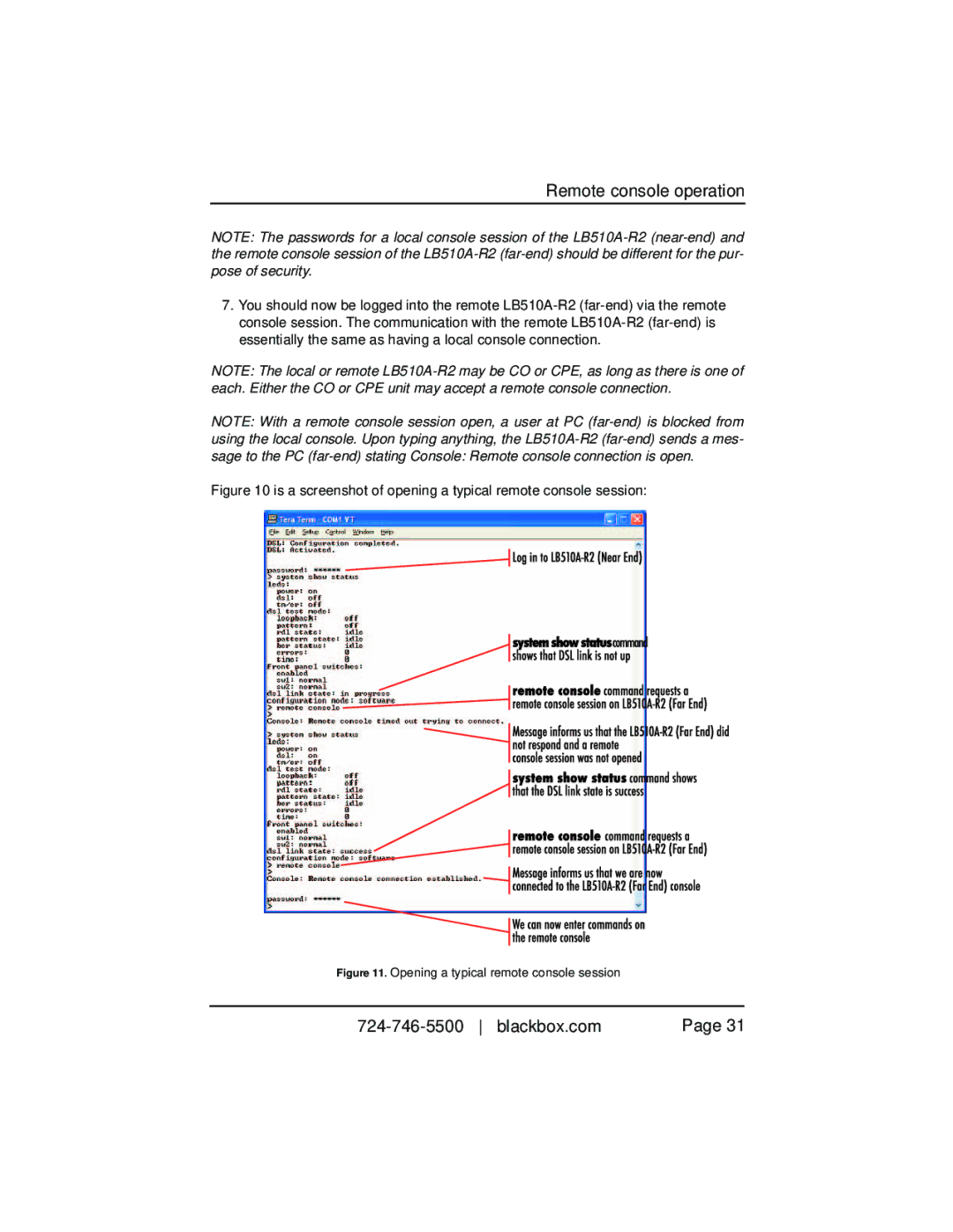 Black Box 10BASE-T/100BASE-TX G.SHDSL Two-Wire Extender/NTU Is a screenshot of opening a typical remote console session 