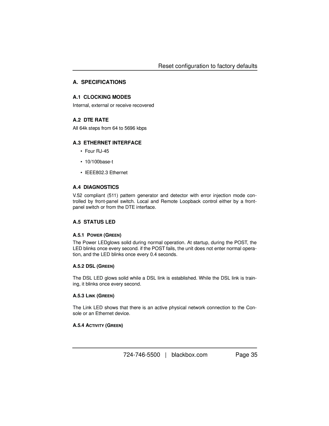 Black Box 10BASE-T/100BASE-TX G.SHDSL Two-Wire Extender/NTU, LB510A-R2 manual Reset configuration to factory defaults 