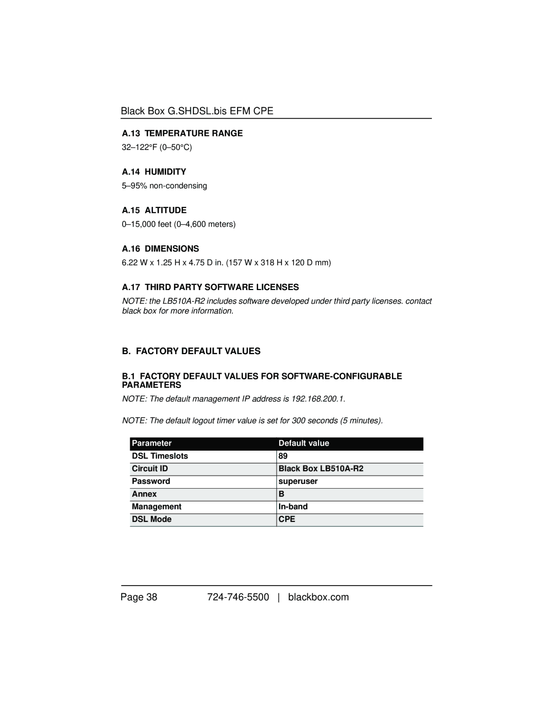 Black Box LB510A-R2, 10BASE-T/100BASE-TX G.SHDSL Two-Wire Extender/NTU Temperature Range, Humidity, Altitude, Dimensions 