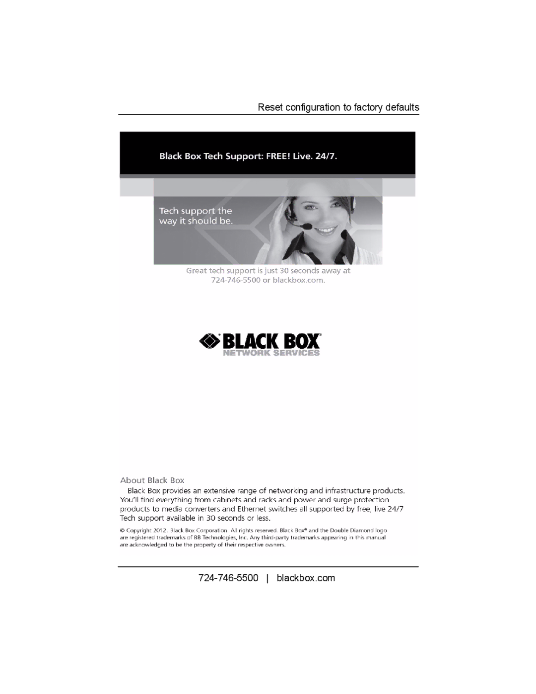 Black Box LB510A-R2 manual Reset configuration to factory defaults Blackbox.com 