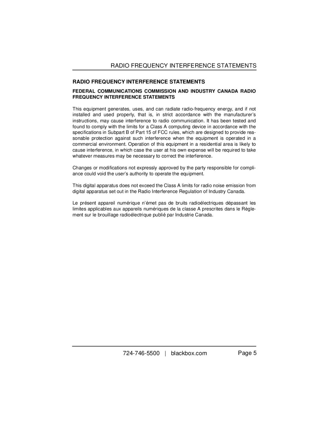 Black Box 10BASE-T/100BASE-TX G.SHDSL Two-Wire Extender/NTU, LB510A-R2 manual Radio Frequency Interference Statements 