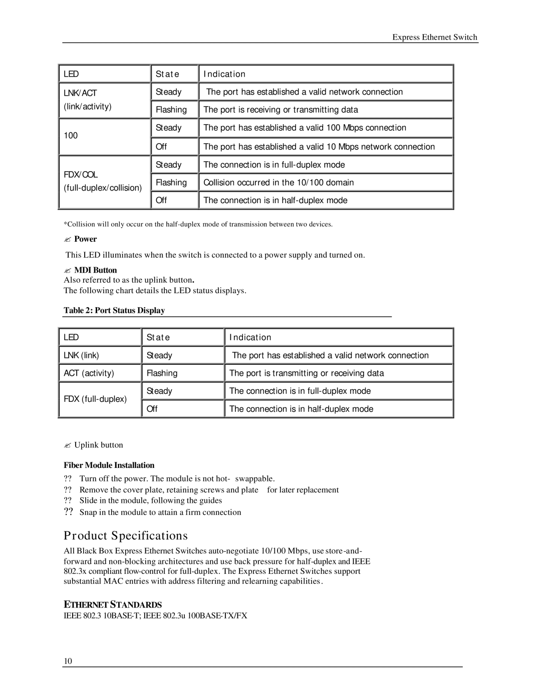 Black Box LB9002A-ST-R2 Product Specifications, ? Power, ? MDI Button, Port Status Display, Fiber Module Installation 