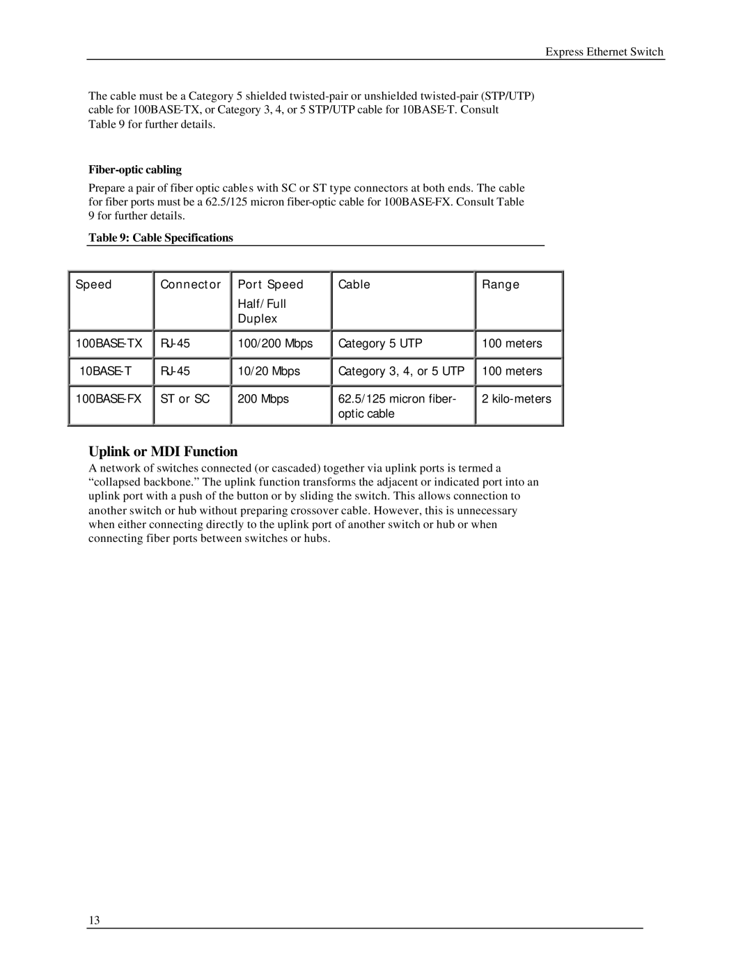 Black Box LB9002A-ST-R2 manual Uplink or MDI Function, Fiber-optic cabling, Cable Specifications 