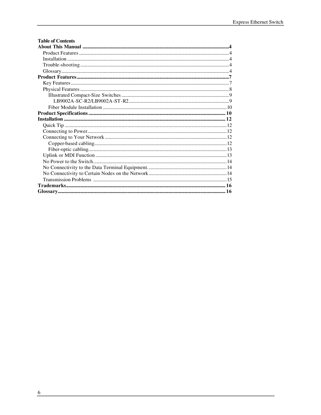 Black Box LB9002A-ST-R2 Table of Contents About This Manual, Product Specifications Installation, Trademarks Glossary 