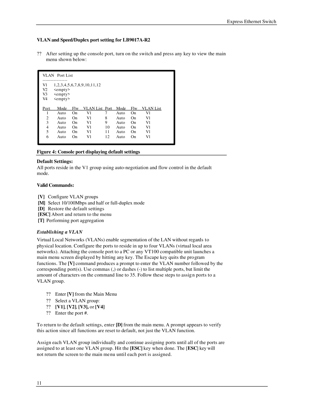 Black Box manual Vlan and Speed/Duplex port setting for LB9017A-R2, Valid Commands, ?? V1, V2, V3, or 