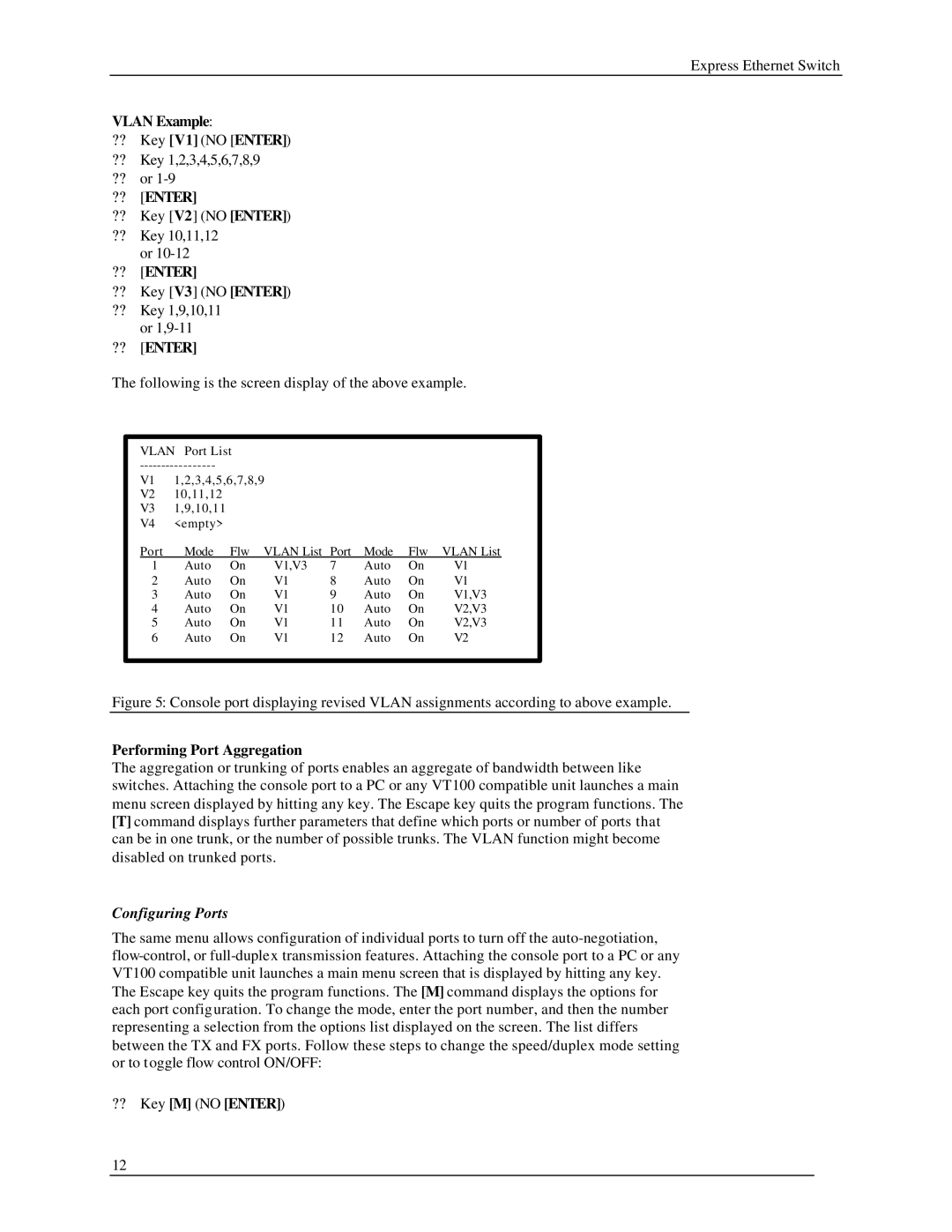 Black Box LB9017A-R2 manual Vlan Example ?? Key V1 no Enter, ?? Enter, Performing Port Aggregation, ?? Key M no Enter 