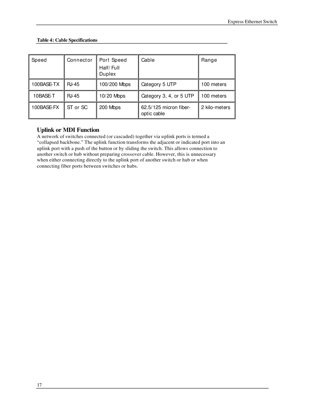 Black Box LB9017A-R2 manual Uplink or MDI Function, Cable Specifications 