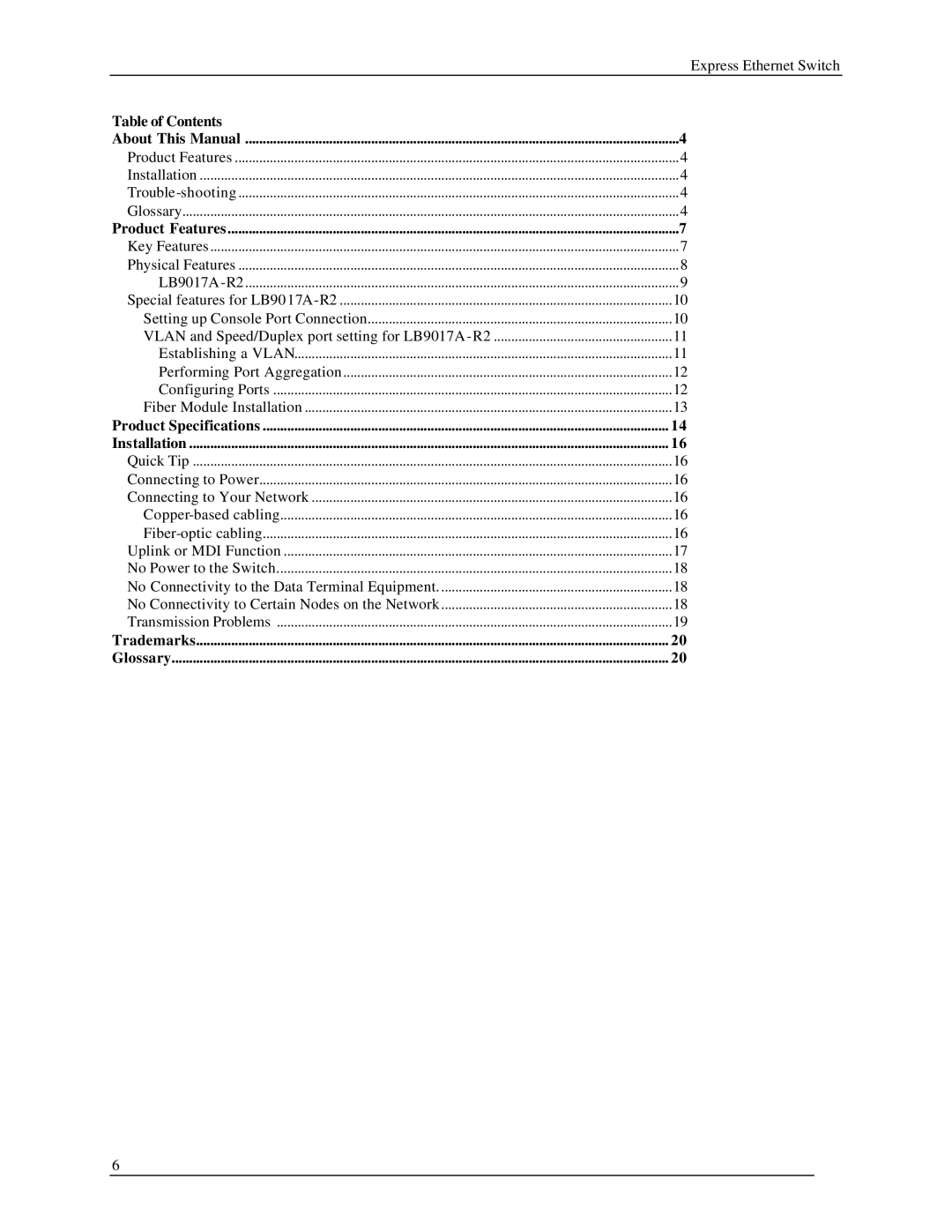 Black Box LB9017A-R2 manual Table of Contents About This Manual, Product Specifications Installation, Trademarks Glossary 