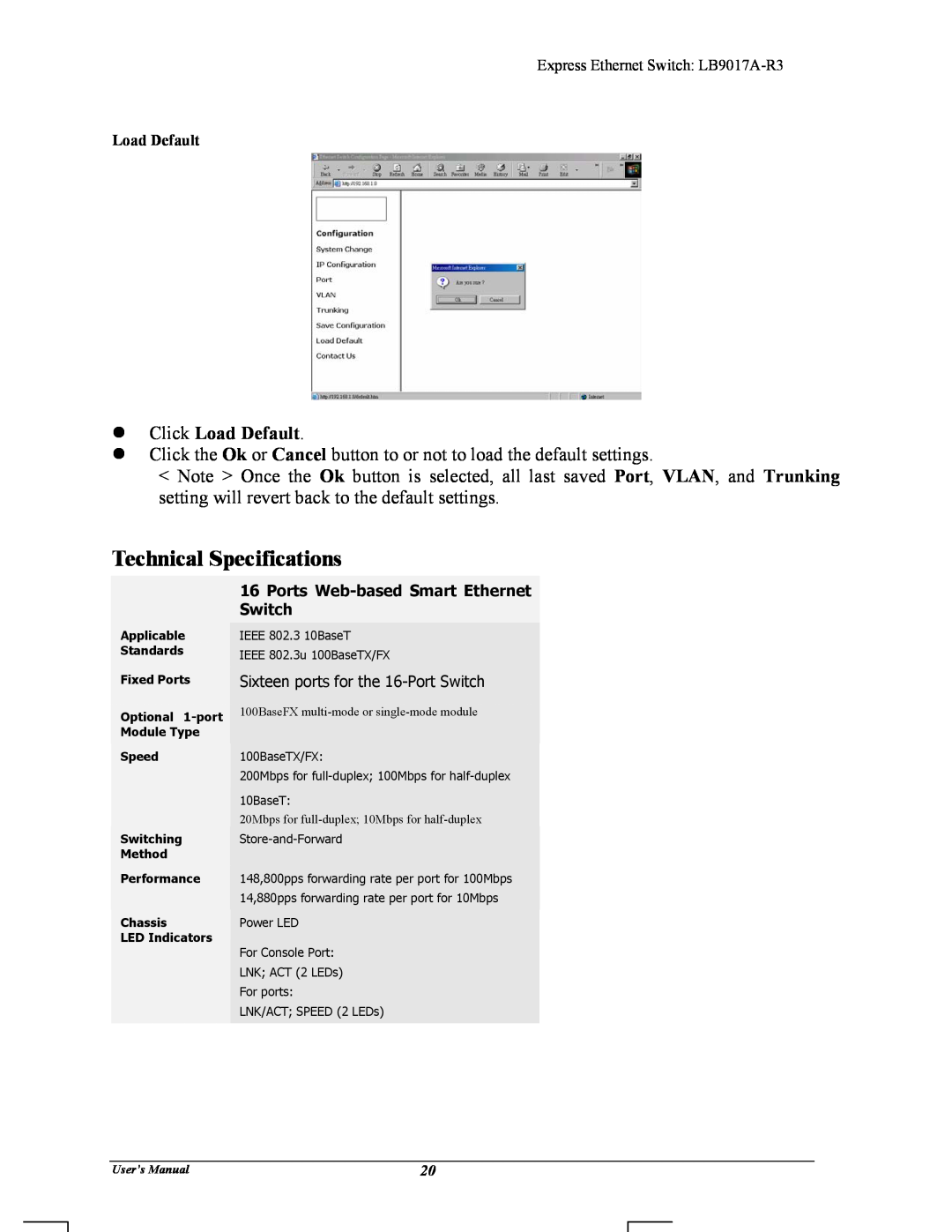 Black Box LB9017A-R3 manual Technical Specifications, zClick Load Default 