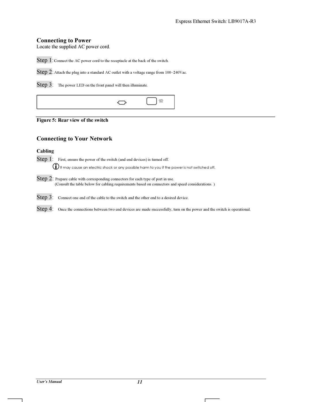 Black Box LB9017A-R3 manual Connecting to Power, Connecting to Your Network, Cabling 