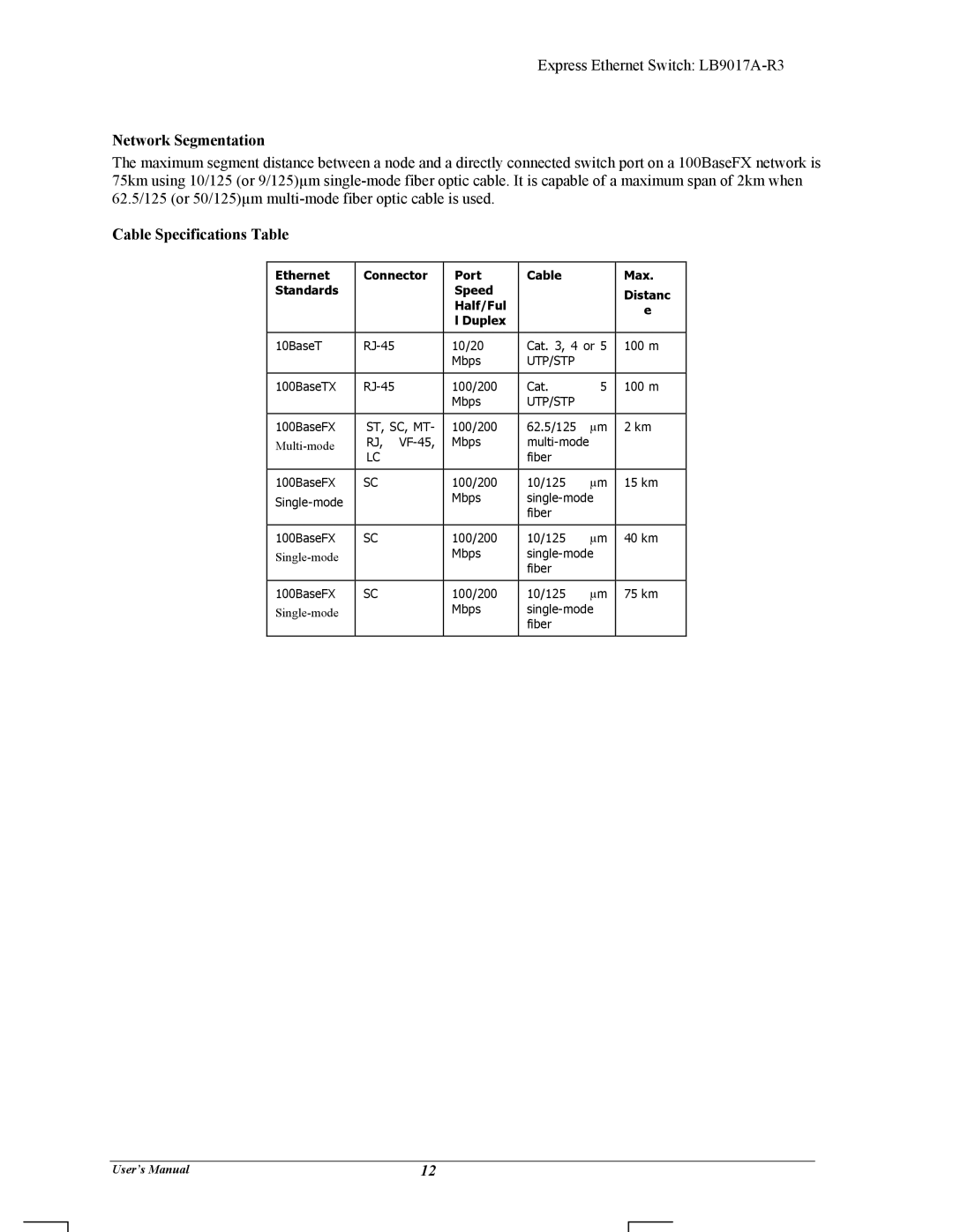 Black Box LB9017A-R3 manual Network Segmentation, Cable Specifications Table 