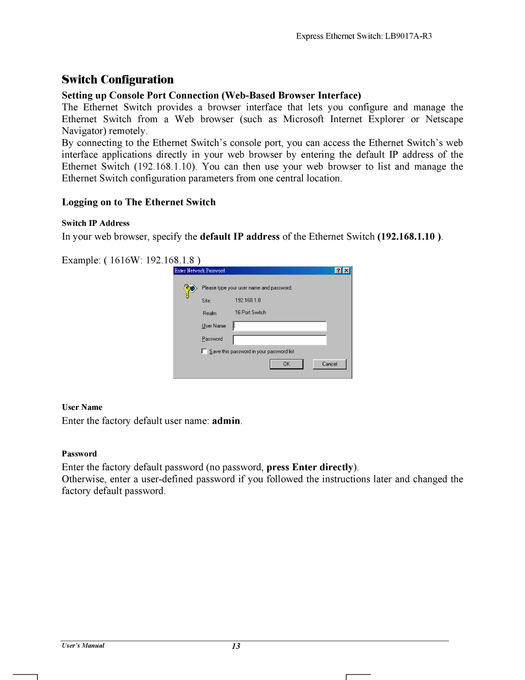 Black Box LB9017A-R3 manual Switch Configuration, Logging on to The Ethernet Switch, Switch IP Address, User Name, Password 