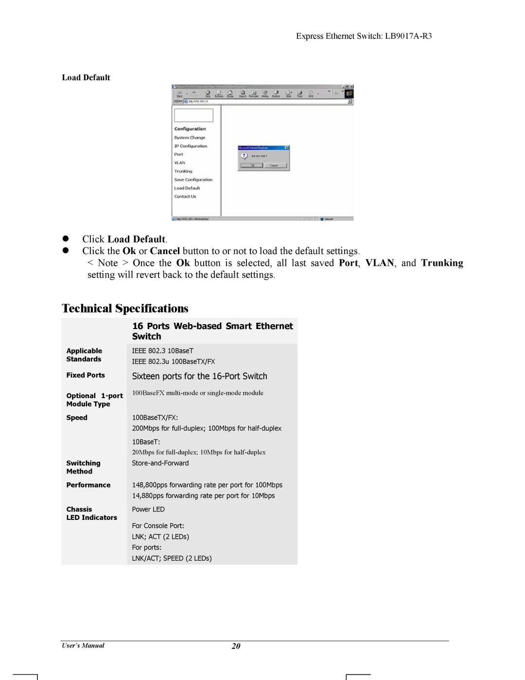 Black Box LB9017A-R3 manual Technical Specifications, Click Load Default, Ports Web-based Smart Ethernet Switch 