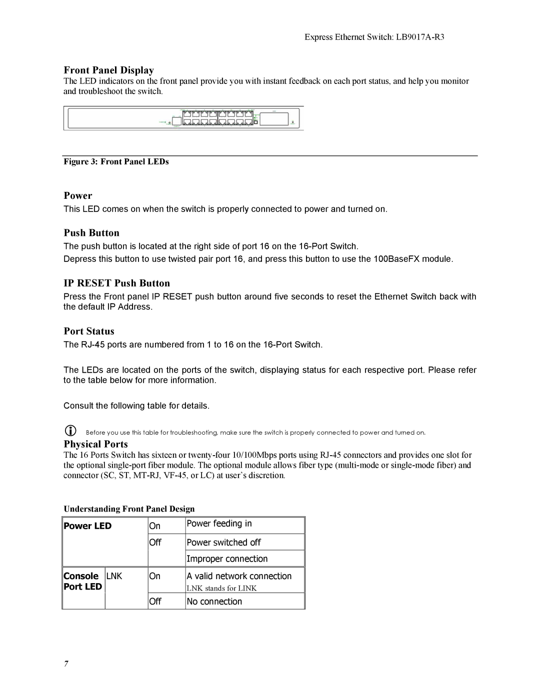 Black Box LB9017A-R3 manual Front Panel Display, Power, IP Reset Push Button, Port Status, Physical Ports 