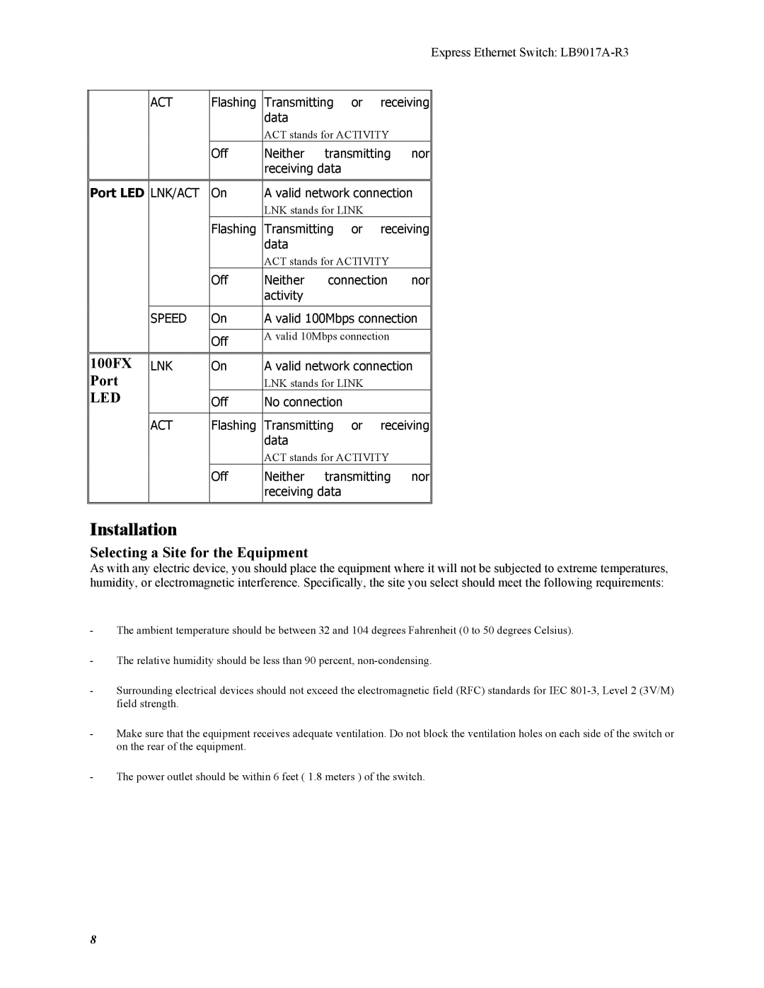Black Box LB9017A-R3 manual Installation, 100FX, Port, Selecting a Site for the Equipment 