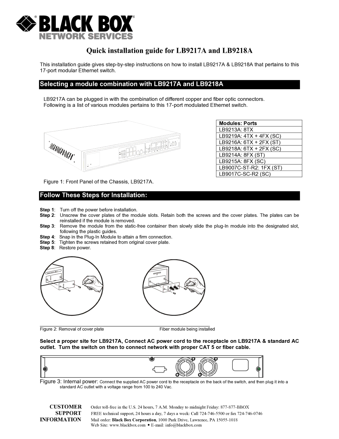 Black Box manual Quick installation guide for LB9217A and LB9218A, Follow These Steps for Installation, Modules Ports 