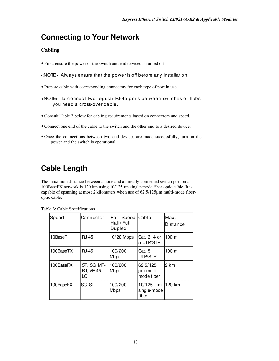 Black Box LB9215A, LB9219A, LB9214A, LB9216A, LB9218A manual Connecting to Your Network, Cable Length, Cabling 