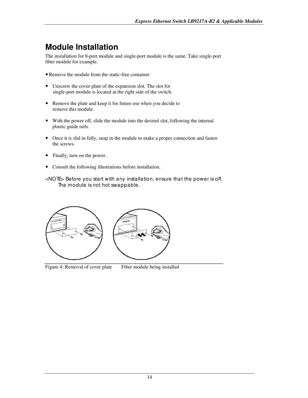 Black Box LB9214A, LB9219A, LB9215A, LB9216A manual Module Installation, Removal of cover plate Fiber module being installed 