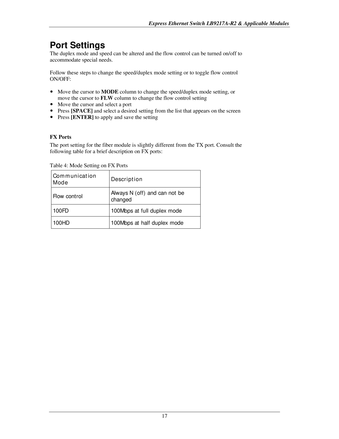 Black Box express ethernet switch, LB9219A, LB9215A, LB9214A, LB9216A, LB9218A manual Port Settings, FX Ports 