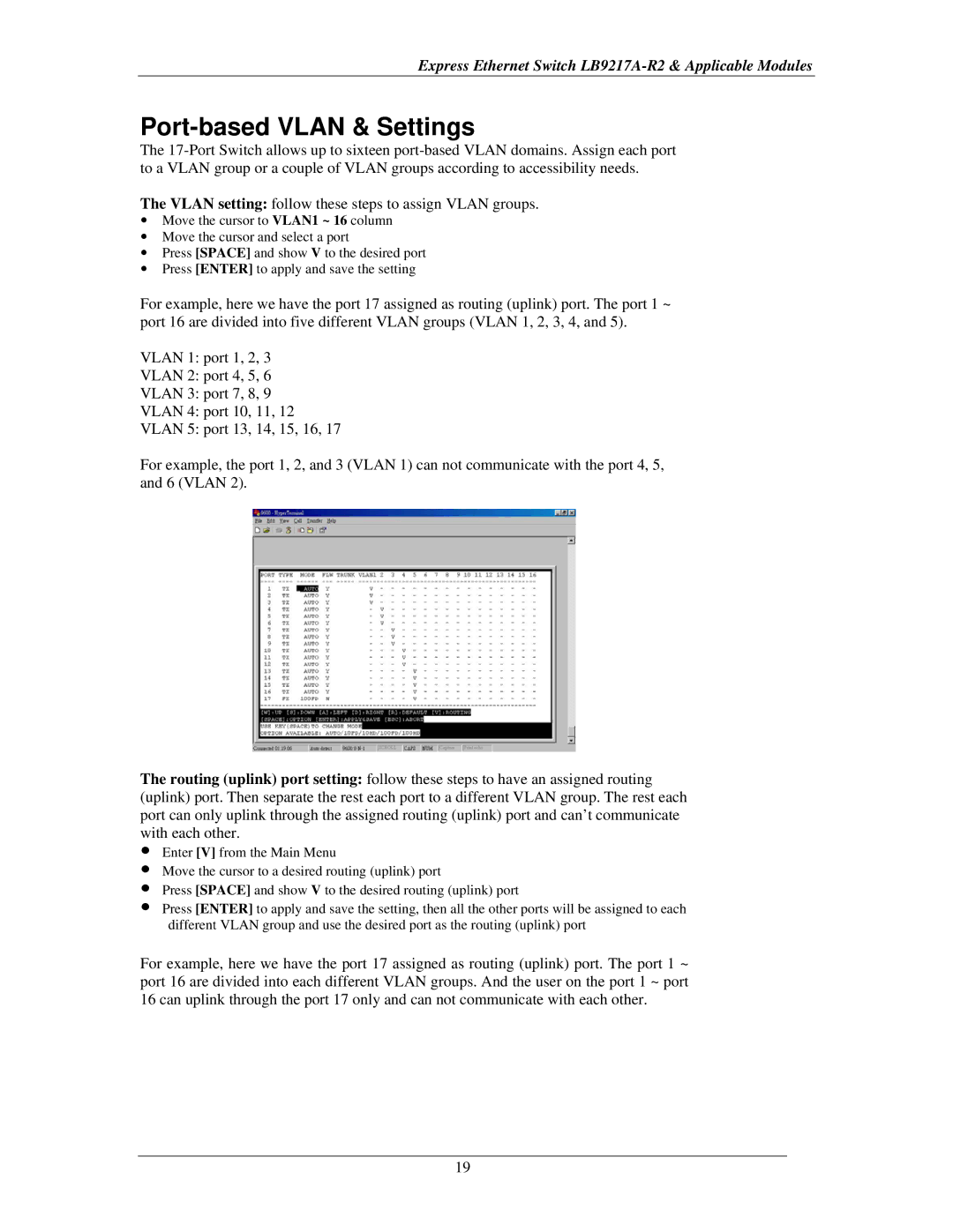 Black Box LB9215A, LB9219A, LB9214A, LB9216A, LB9218A, express ethernet switch manual Port-based Vlan & Settings 