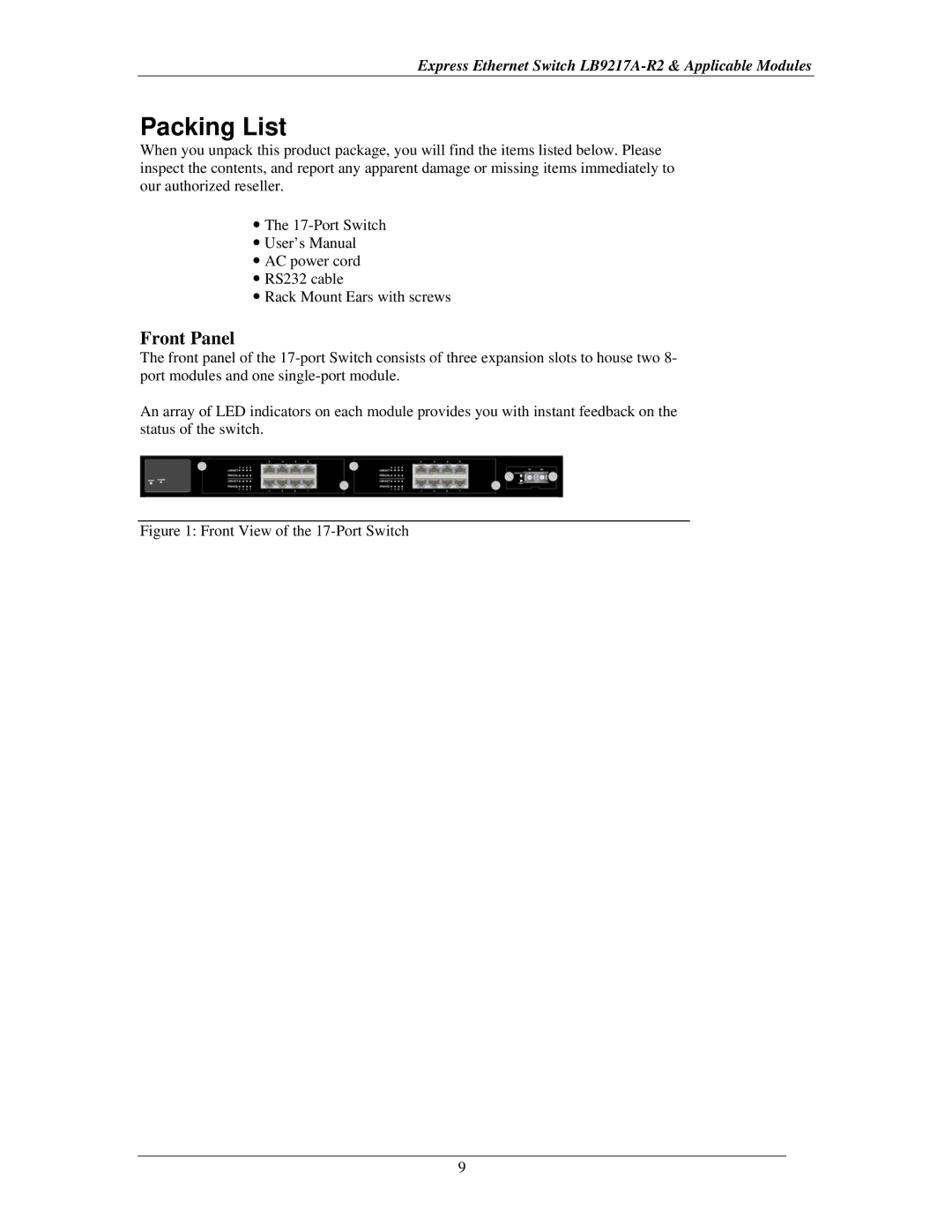 Black Box LB9216A, LB9219A, LB9215A, LB9214A, LB9218A, express ethernet switch manual Packing List, Front Panel 