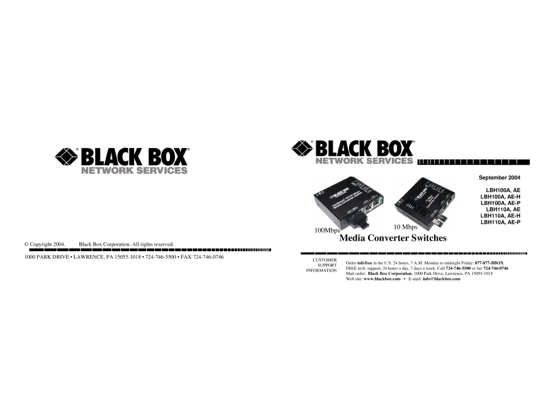 Black Box LBH110A, AE-P, LBH100A, AE-H, LBH110A, AE-H, LBH100A, AE-P manual Media Converter Switches 