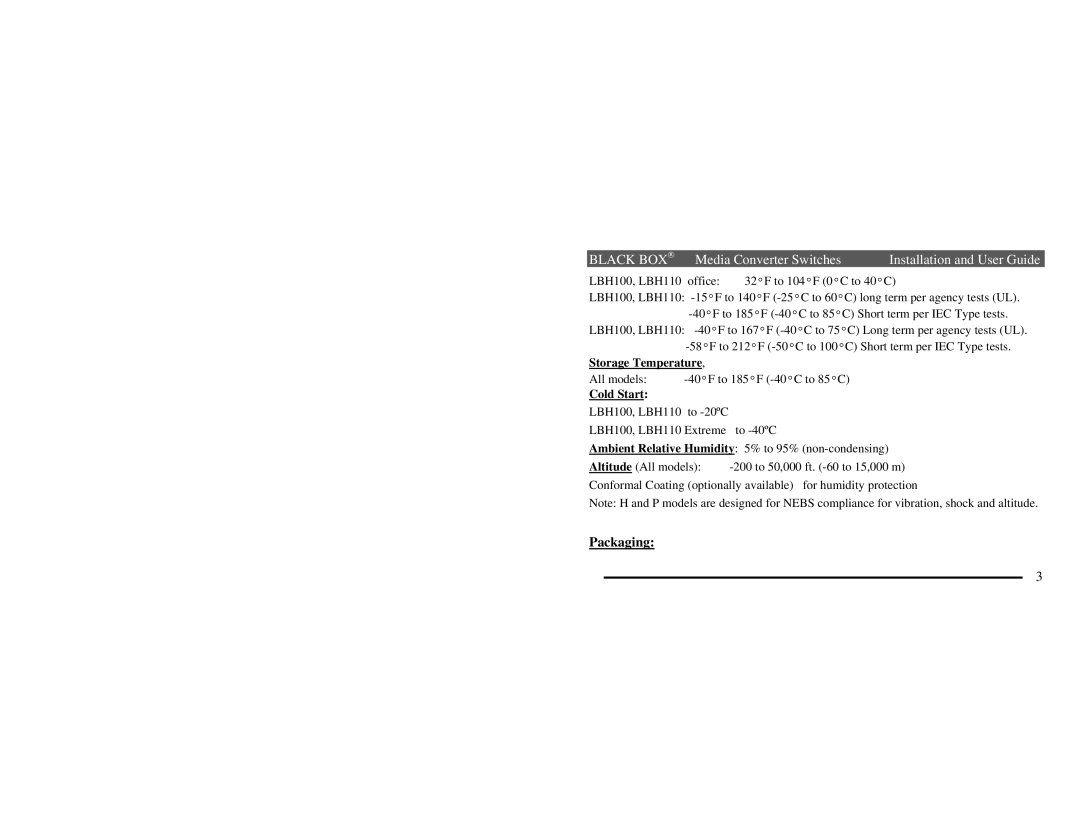 Black Box LBH100A, AE-H, LBH110A, AE-P, LBH110A, AE-H, LBH100A, AE-P manual Storage Temperature, Cold Start 