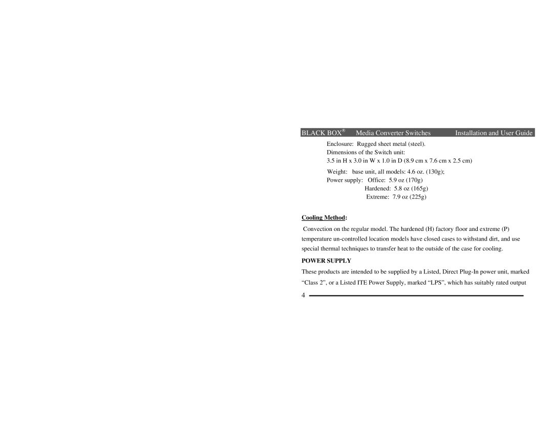 Black Box LBH100A, AE-H, LBH110A, AE-P, LBH110A, AE-H, LBH100A, AE-P manual Cooling Method, Power Supply 