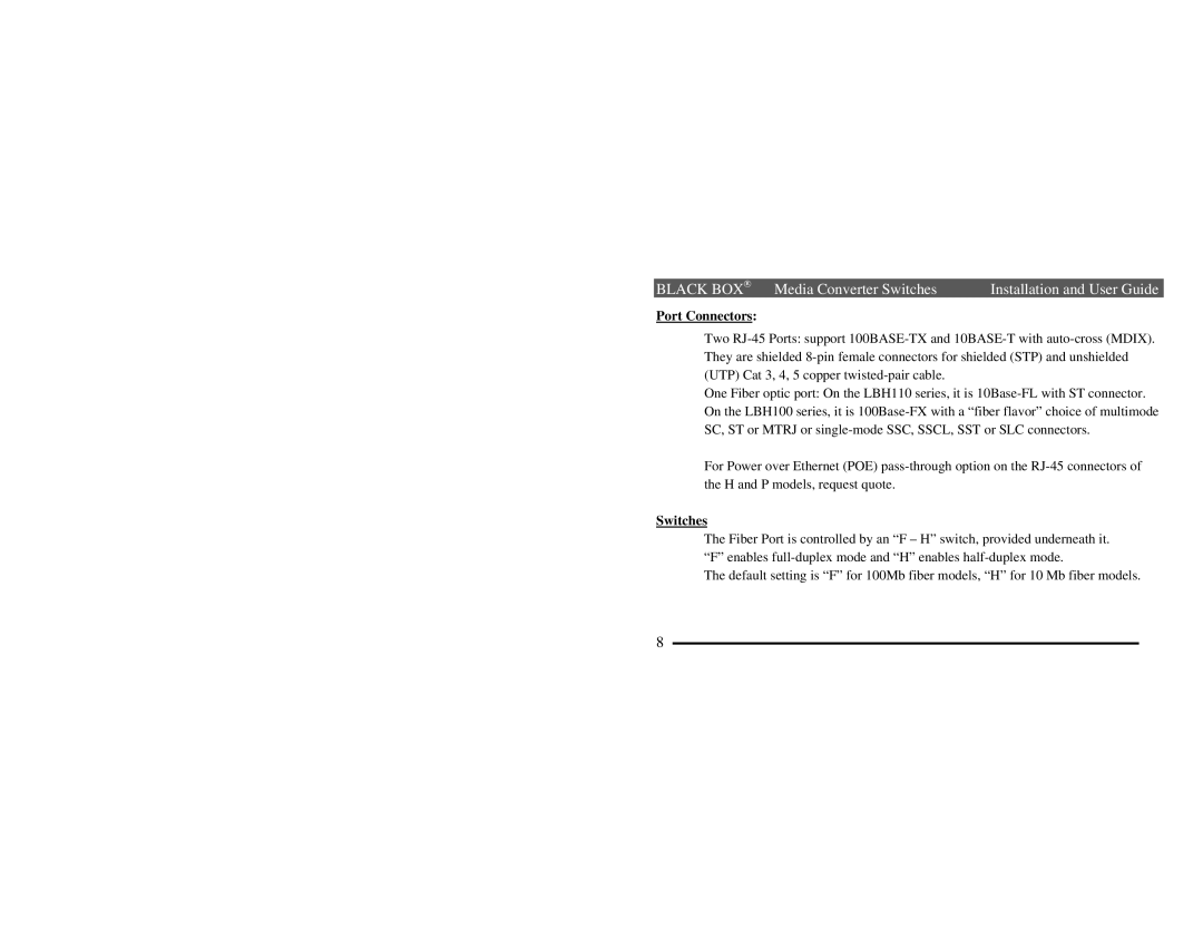 Black Box LBH110A, AE-H, LBH100A, AE-H, LBH110A, AE-P, LBH100A, AE-P manual Port Connectors, Switches 