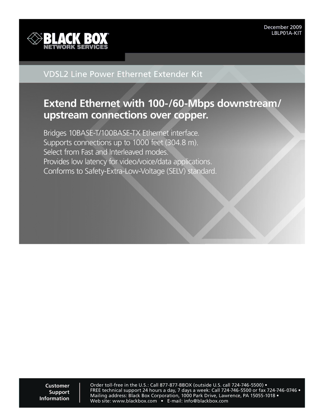 Black Box VDSL2 Line Power Ethernet Extender Kit, LBLPO1A-KIT manual 