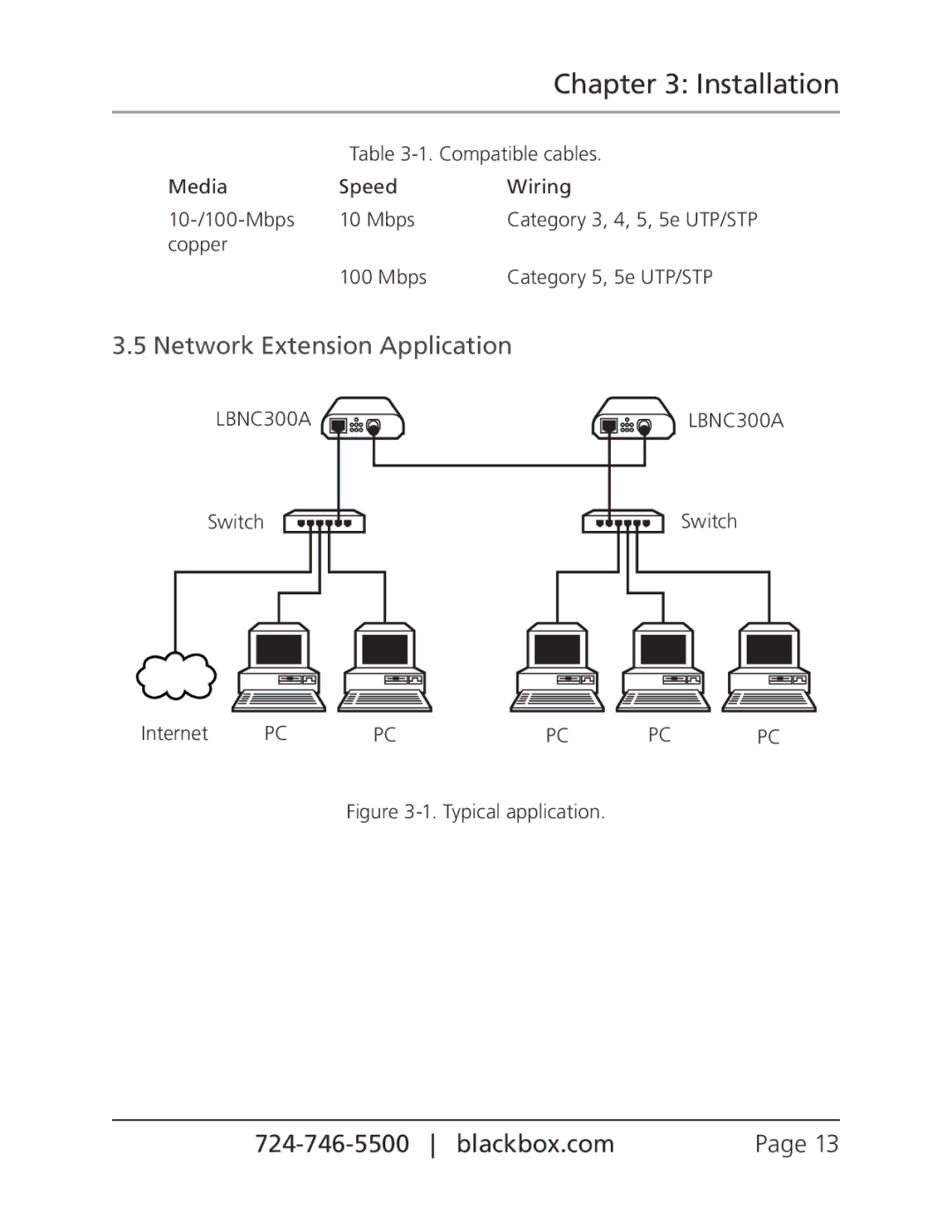 Black Box LBNC300AE, 10/100BASE-TX Ethernet over Coax Extender user manual Installation, Network Extension Application 