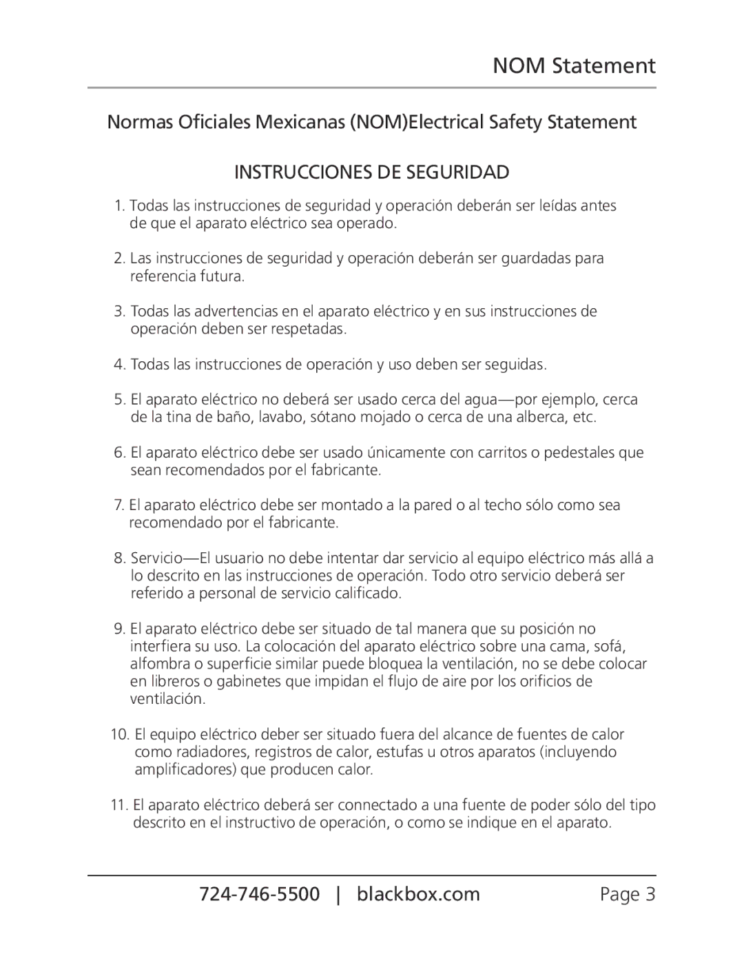 Black Box LBNC300AE user manual NOM Statement, Normas Oficiales Mexicanas NOMElectrical Safety Statement 