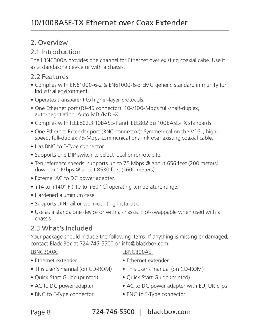 Black Box 10/100BASE-TX Ethernet over Coax Extender, LBNC300AE Overview Introduction, Features, What’s Included 