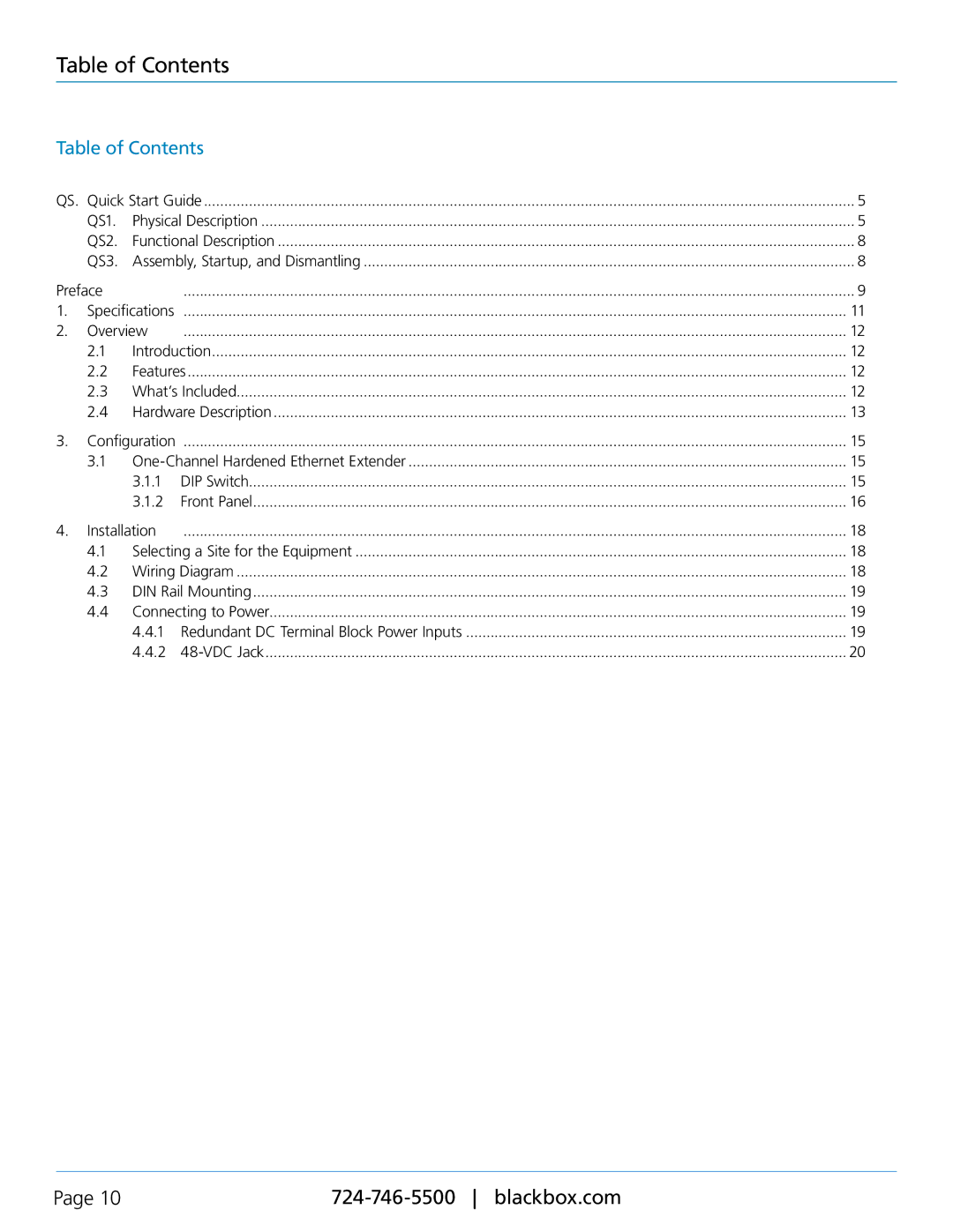 Black Box LB304A, LBPS301A, LBPS304A, Hardened Ethernet Extender user manual Table of Contents 