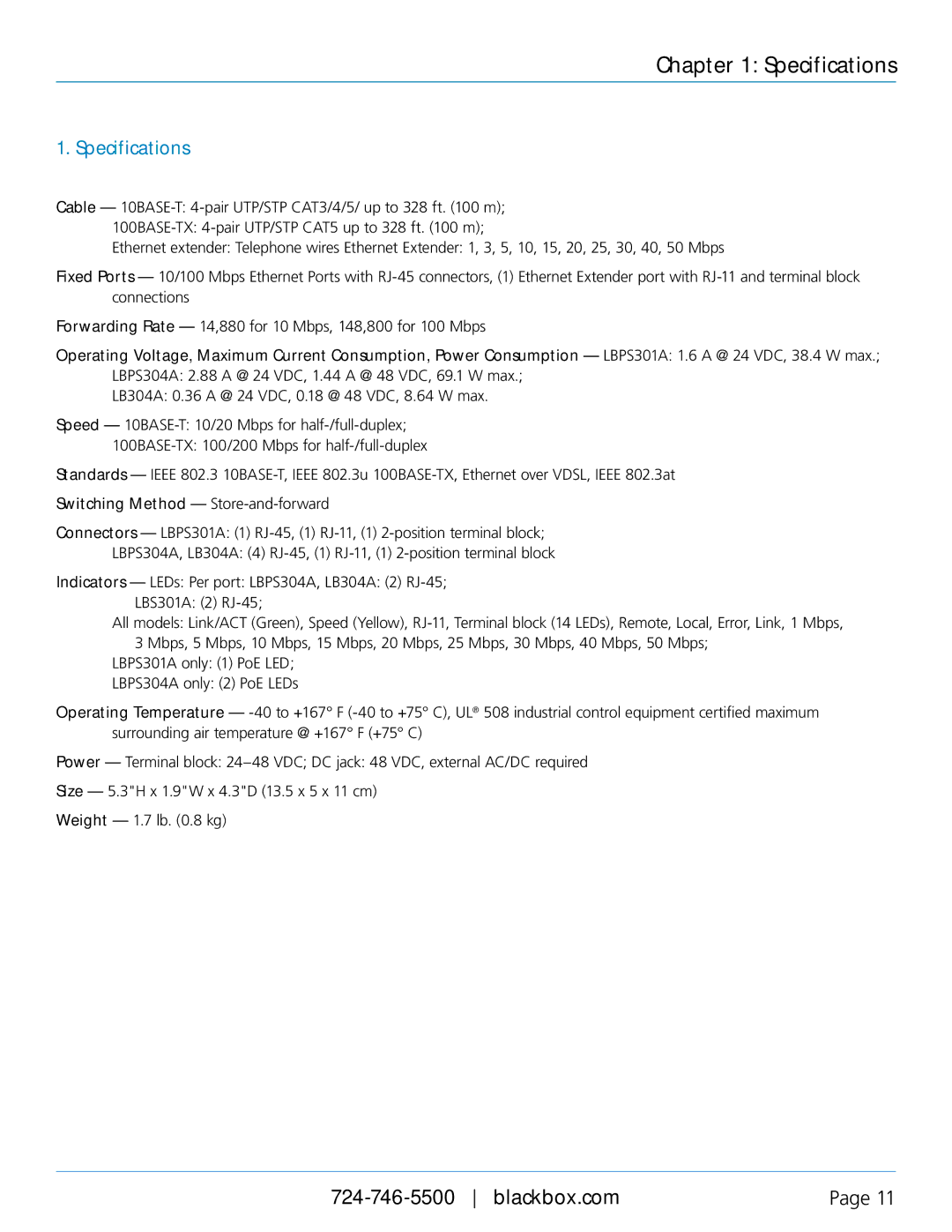 Black Box Hardened Ethernet Extender, LBPS301A, LBPS304A, LB304A user manual Specifications 