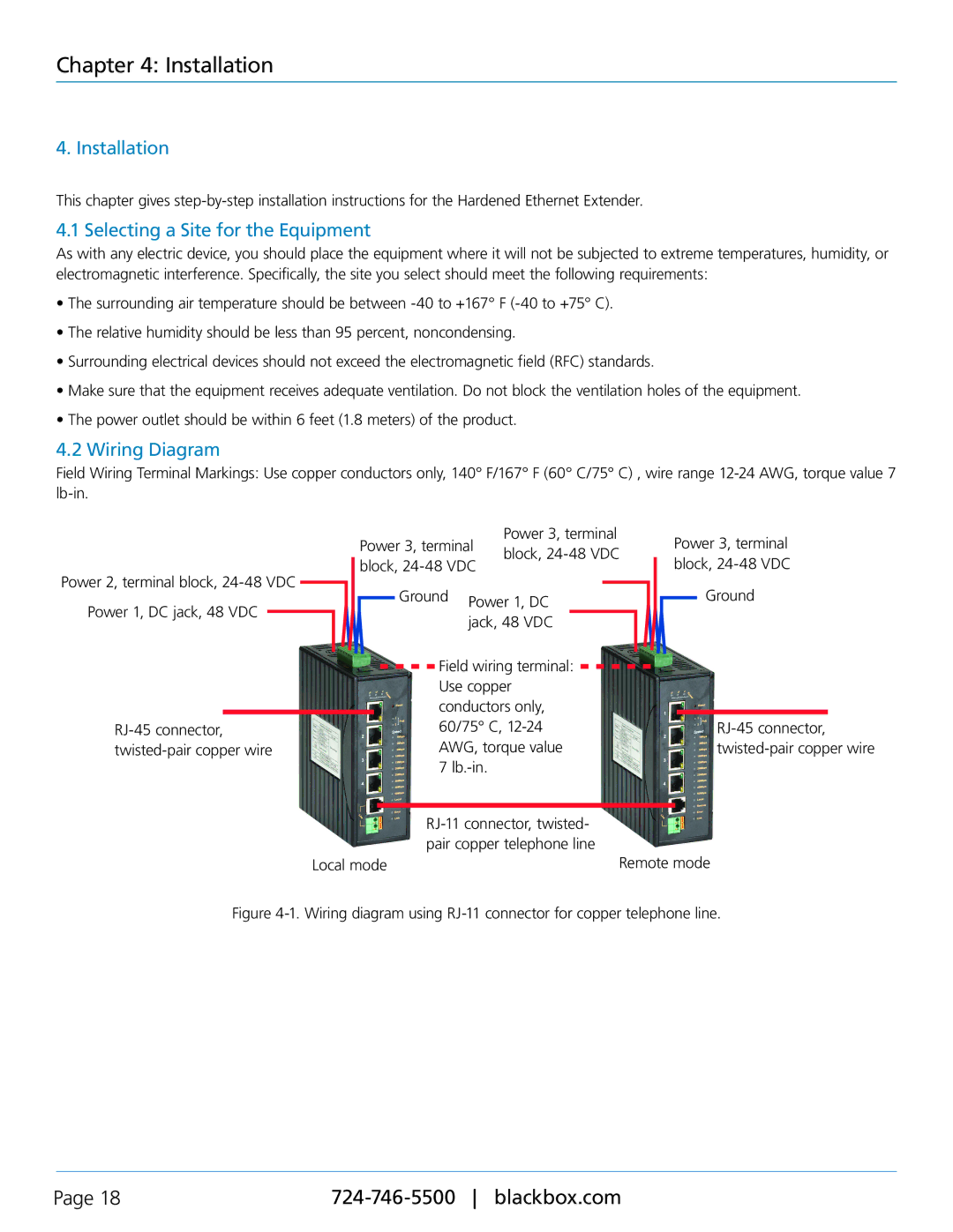 Black Box LB304A, LBPS301A, LBPS304A user manual Installation, Selecting a Site for the Equipment, Wiring Diagram 