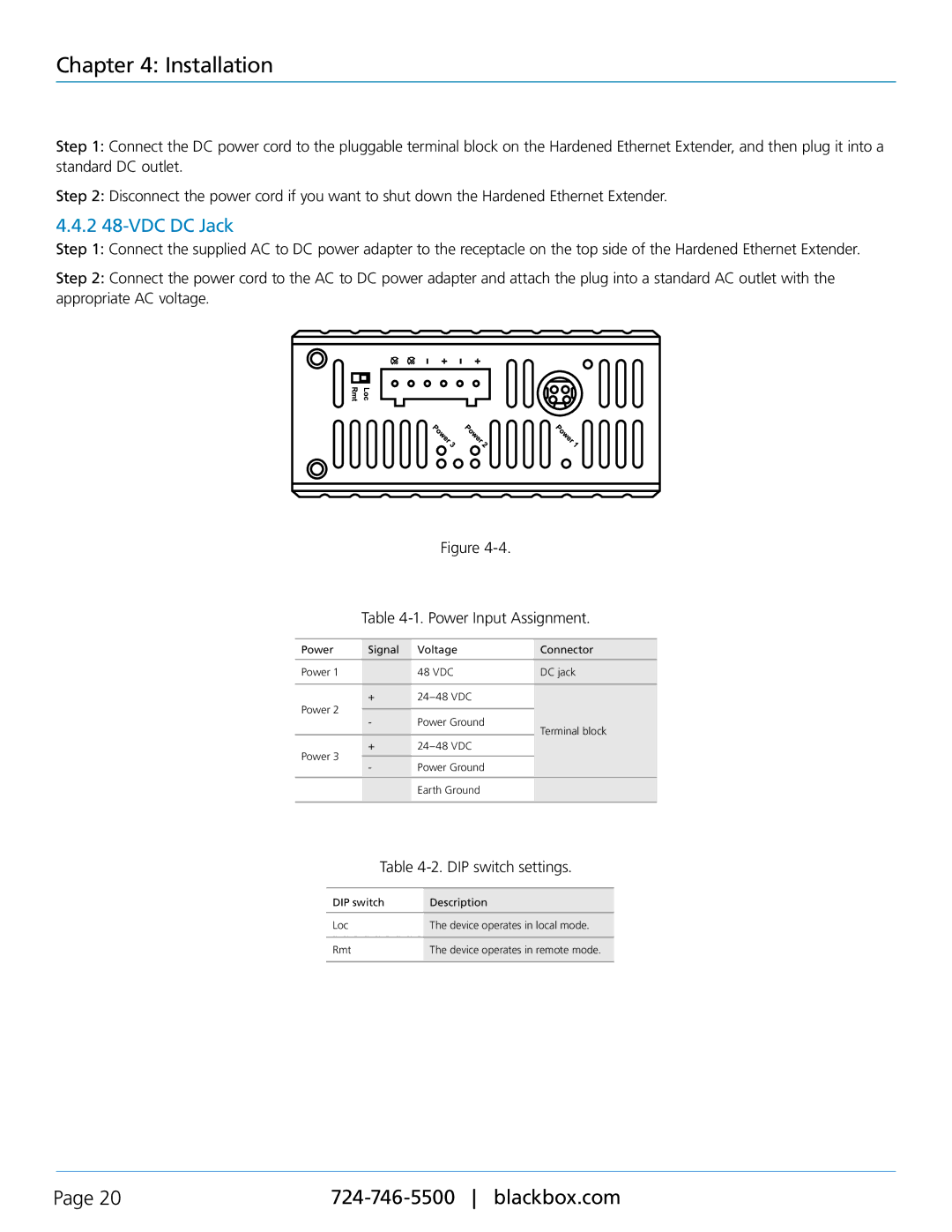 Black Box LBPS301A, LBPS304A, LB304A, Hardened Ethernet Extender user manual 2 48-VDC DC Jack, DIP switch settings 